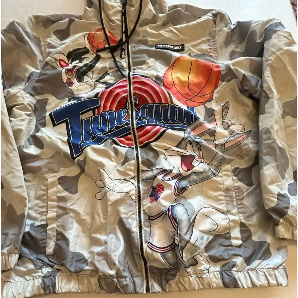 Space Jam Members Only jacket mens Sz Large Tune Squad Windbreaker‎ Gray Camo
